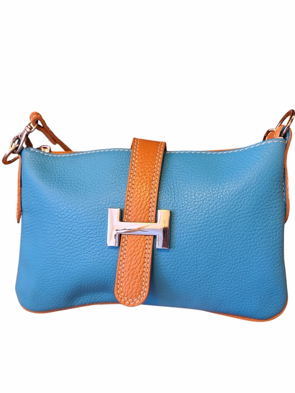 Italian Made Blue and Tan Leather Crossbody Bag with Silver Hardware